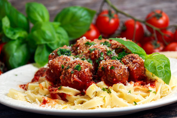 Italian Pasta spaghetti with meatballs in tomato sauce