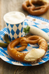 Beer, sausage and pretzel