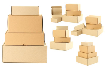 Empty cardboard boxes isolated on a white, collage