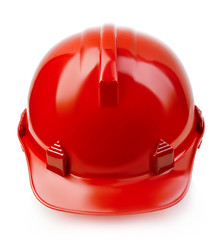 Red safety helmet close-up isolated on a white background.