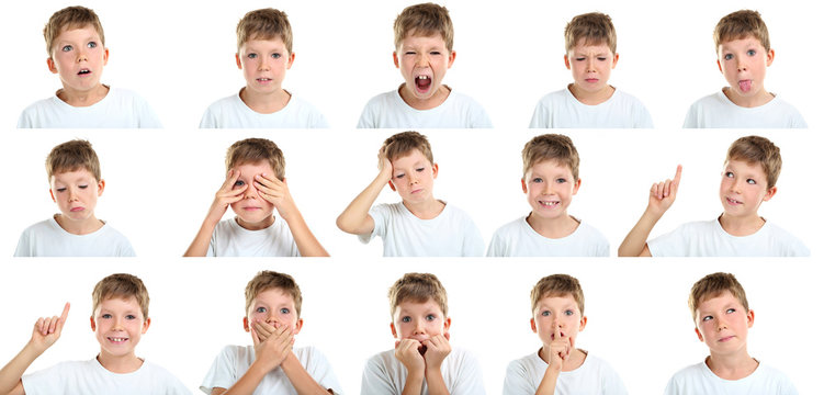 Portrait of emotional little boy on white background, collage