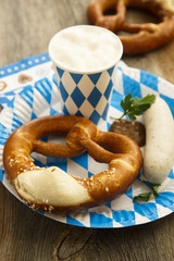 Beer, sausage and pretzel