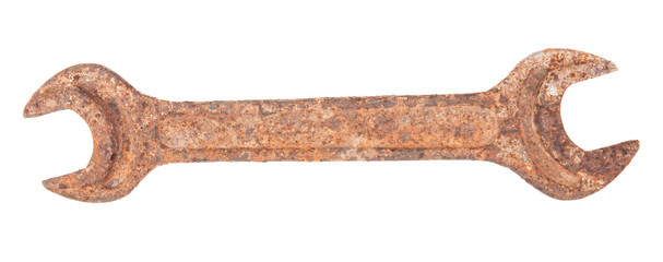 old rusty spanner isolated on white background