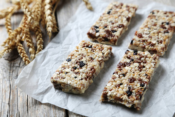 Granola bar on a grey wooden table