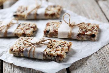 Granola bar on a grey wooden table