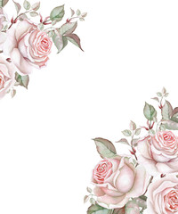 Watercolor roses on white background. Floral frame