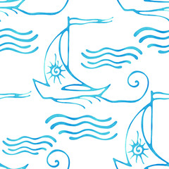 Obraz premium Seamless pattern with decorative sailing ships