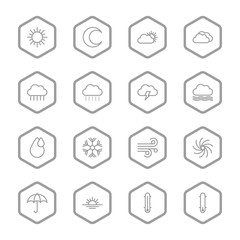 gray line weather icon set with hexagon frame for web design, user interface (UI), infographic and mobile application (apps)