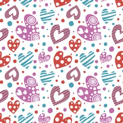 Poster Seamless vector pattern with hearts. Background with different colorful hand drawn ornamental symbols and dots on the white. Decorative repeating ornament. Series of Love Seamless Patterns. © Valentain Jevee