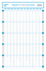 Yearly Wall Calendar Planner Template for 2016 Year. Vector Design Print Template. Week Starts Sunday. Portrait orientation