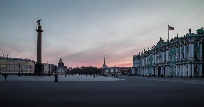 Russia, Saint-Petersburg, 23.03.2016: Timelapse 4K of Palace Square in winter, Alexander Column, Winter Palace, Admiralty, night illumination