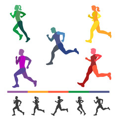 Fototapeta na wymiar Running people set. Colorful silhouettes of runners. Running man and woman, all part of body separately. Make your own runners. Vector illustration. 