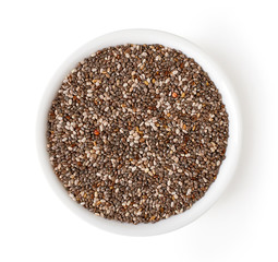 Bowl of chia seeds isolated on white, from above