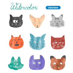 Set of cute cats. Watercolor collection of cats heads isolated on white. Vector illustration. 