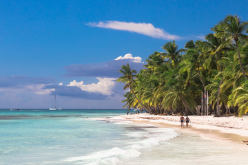 Couple walk on tropical island beach with perfect sunny sky - obrazy, fototapety, plakaty