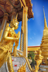 Sawasdee or hello in Thai Language. Close-up golden statue of Kinara at Wat Phra Kaew in Grand Place Complex in Bangkok, Thailand