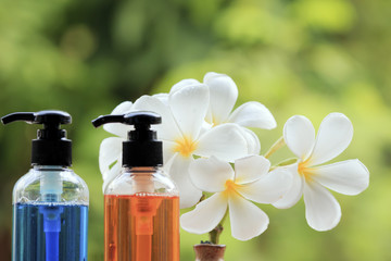 Body care product,shower,shampoo,lotion and Frangipani or plumer