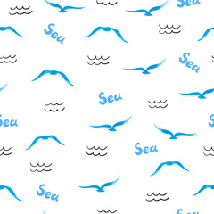 Obraz premium Sea seamless pattern. Watercolor seagulls silhouettes and doodle waves. Vector sea background. 
