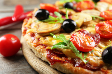 Delicious tasty pizza, closeup