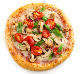 Delicious tasty pizza with vegetables, isolated on white