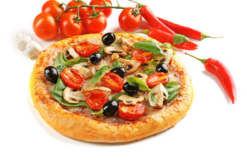 Delicious tasty pizza with vegetables, isolated on white
