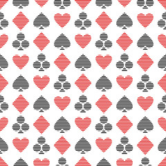Vector seamless symmetrical pattern with black and red lined playing card symbols on the white background. Series of Gaming and Gambling Seamless Patterns.