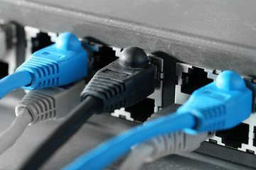 Ethernet cables connected to network switch, close up