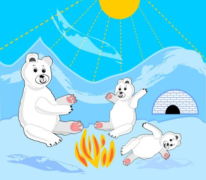 Ice bear cubs with mother by bonfire. Ice bears by igloo. Ice bear sitting. Ice bear baby lying. Cute ice bear illustration. Ice bear in ice landscape.