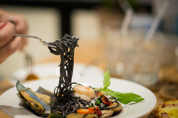 Black spaghetti with spicy seafood