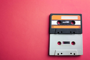 Obraz premium Old audio cassettes on red background