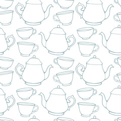 Seamless pattern with decorative cups and teapots