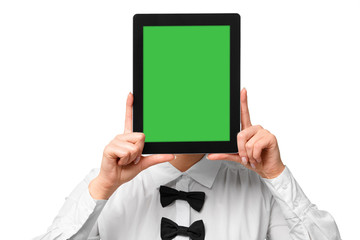 Woman showing digital tablet, covering her face