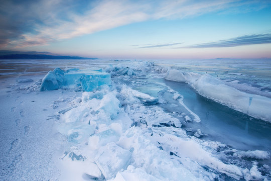 large ice cubes around a crack at Baikal