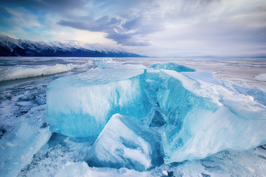 huge cubes of ice on the frozen Lake Baikal