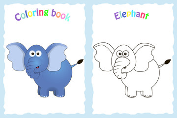 Coloring book page for preschool children with colorful elephant and sketch to color