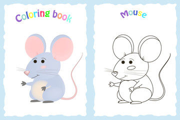 Coloring book page for preschool children with colorful mouse and sketch to color