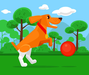 Dog playing with ball. Vector flat cartoon illustration