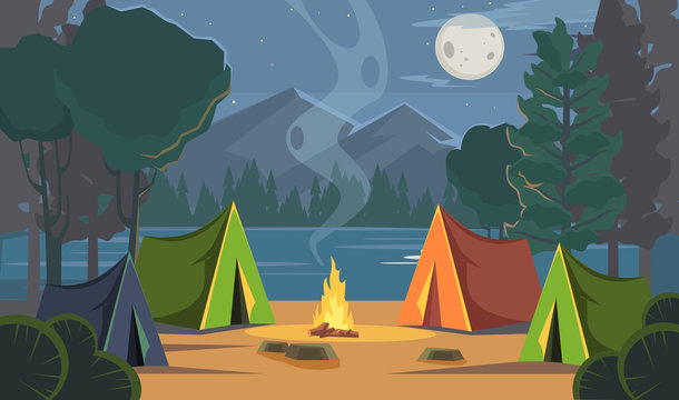 Vector flat cartoon camping illustration Stock-Vektorgrafik | Adobe Stock