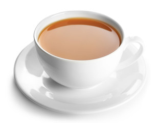 Porcelain cup of tea with milk isolated on white background