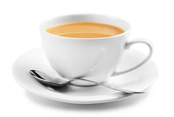 Schapenvacht deken met foto Thee Porcelain cup of tea with milk isolated on white background