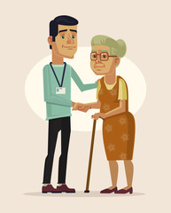 Social worker and grandmother. Vector flat cartoon illustration