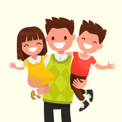 Happy Dad holding his son and daughter. Vector illustration