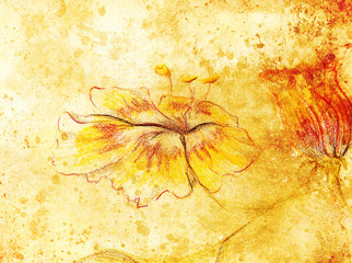Color drawing flower. Original hand draw and computer collage. Color structure.