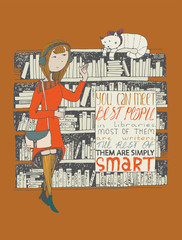 Girl and cat meeting in a library. Vector hand drawn illustration, made with black ink on terracotta background, with simple motivating educational lettering quote, perfect for a bookstore or library