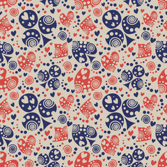 Obraz premium Seamless vector pattern with icons of playings cards. Background with blue and red hand drawn symbols. Decorative repeating ornament. Series of Gaming and Gambling Seamless Patterns.