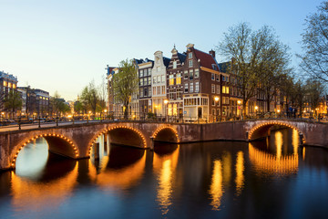 Fototapeta premium Wonderful view on houses of Amsterdam in night, Netherlands