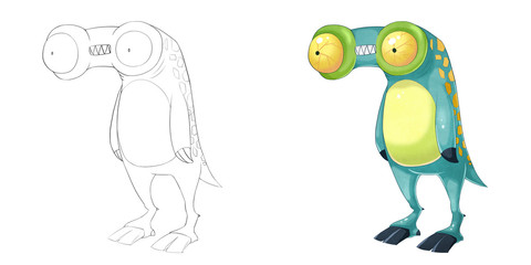 Creative Illustration and Innovative Art: Monster Creature Character Design Set 4: Telescope Frog iSolated on White Background. Realistic Fantastic Cartoon Style Character Design, Story, Card Design