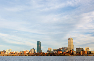 Boston Skyline Showing Charles River and Bridge at Sunset, Boston, Massachusetts