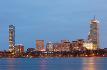 Boston Skyline Showing Charles River and Bridge after Sunset, Boston, Massachusetts