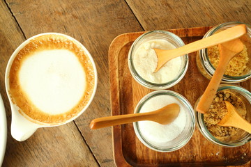 Coffee and white cake in cafe shop